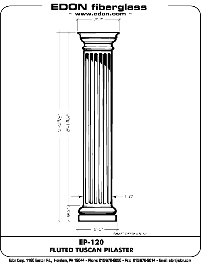 EP120 Architectural Fiberglass (FRP) Tuscan Fluted Shaft Pilaster