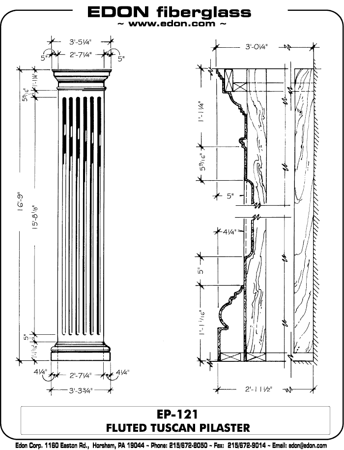 EP121 Architectural Fiberglass (FRP) Tuscan Fluted Shaft Pilaster